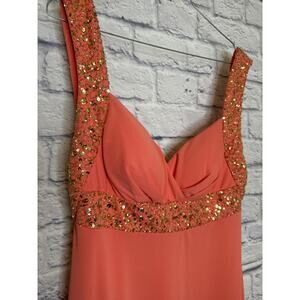 Dusk Collection by Sheila Yen Peach Coral & Gold Beaded Long Formal Gown SZ 12